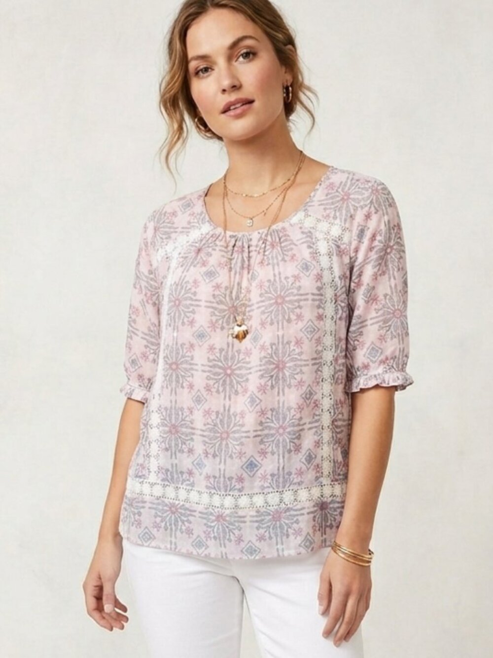 LOFT Pink & Gray Floral Tile Boho Blouse Crochet Lace Trim Size M